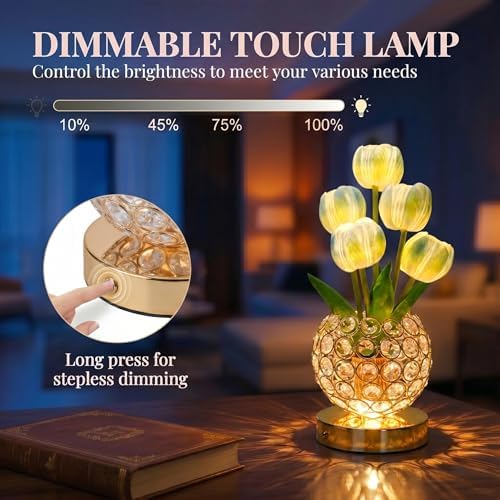Tulip Night Light with Dazzling Crystal-Like Base, 3-Color Touch Control Flower Lamp, Stepless Dimming Rechargeable Floral Table Lamp, Aesthetic Romantic Gifts for Women Mom Wife (Blue) - Image 4