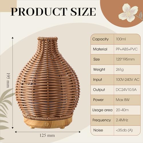 Copkim Essential Oil Diffuser Rattan Woven Boho Aroma Humidifier 80 ml - Image 2