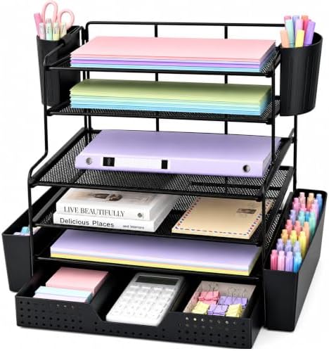 OPNICE Desk Organizer, 6-Tier Desktop File Organizer with Drawer and Pen Holders, Office Desk Accessories, File Sorters, Workspace Organizers for Office Supplies(Black) by OPNICE