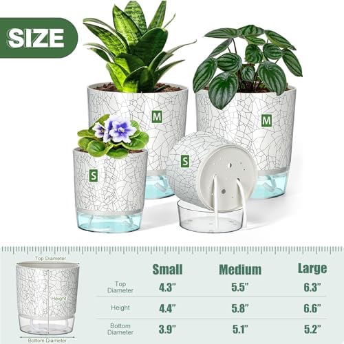 Self Watering Pots for Indoor Plants, 4/5.5 Inch Crackle Pattern Planters with Clear Water Reservoir & Wick System, 4 Pack Plastic Flower Pots for Succulents, Herbs, African Violets - Image 2