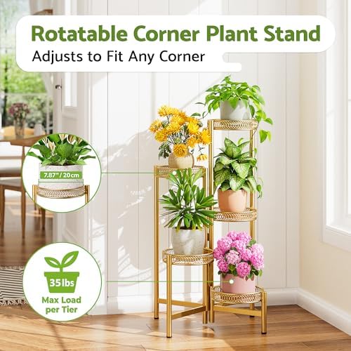 Gold Plant Stand Indoor Outdoor, 5 Tier Corner Flower Display Holder Stand, Folding Tall Plant Rack for Patio Balcony Porch, Heavy Duty Wrought Iron Gold Plant Shelf - GoldFlower - Image 2