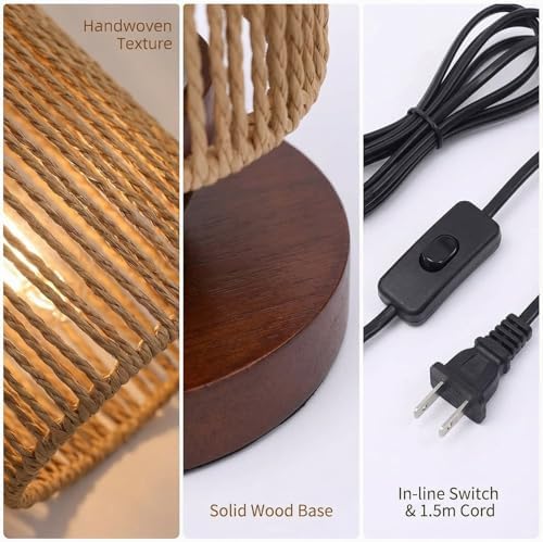 Small Rattan Table Lamp for Bedroom, Boho Bedside Lamp with Warm LED Bulb, Handwoven Wicker Nightstand Lamp for Nursery, Entryway & Dorm, Mini Ambient Night Light with Wood Base (8.6" Tall) - Image 6