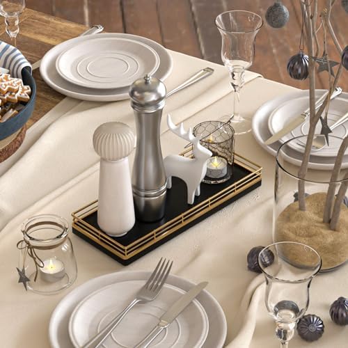 Wooden Decorative Tray, Oak 11.2" L Coffee Table Tray for Kitchen Countertop Soap Sponge Holder Candle Nightstand Table Centerpieces for Dining Room Decor Black Gold - Image 4