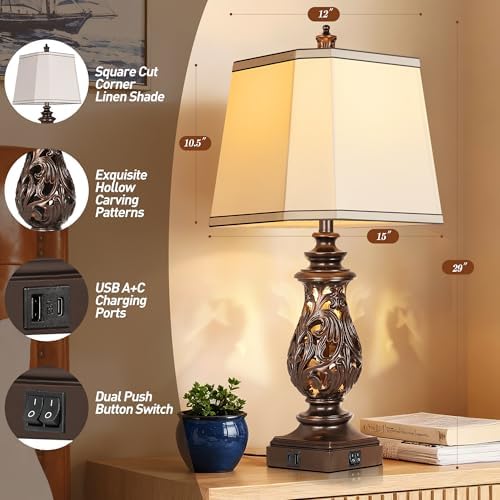 PARTPHONER 29" Table Lamps Set of 2, Bedside Lamps with USB A+C Ports & Night Light, Farmhouse Nightstand Lamps with Faux Silk Shades for Bedroom Living Room, Vintage Brown (LED Bulbs Included) - Image 2