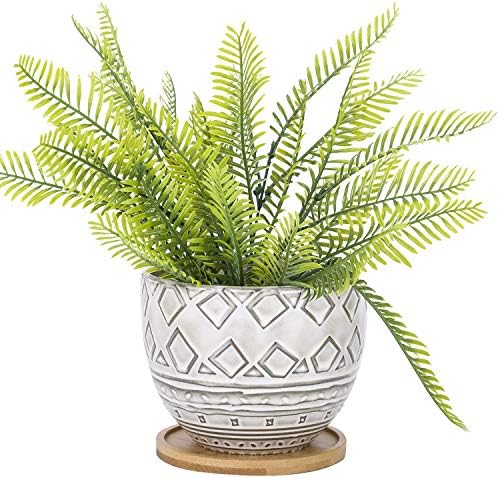 VanEnjoy 5.5 inch Large Round Bohemian Style Ceramic Planter, Geometry Engrave Off White Brown Succulent Planter Flower Pot - Indoor Outdoor Decorative Planter by VanEnjoy