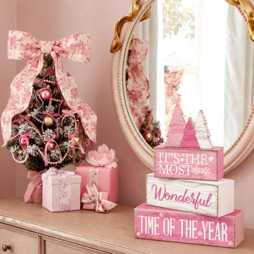 Moucuny 4 Pcs Christmas Table Decoration Wooden Pink Wooden Christmas Tree - Image 4