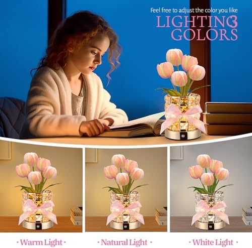 Tulip Flower Lamps, Rechargeable Cordless Small Desk Lamp, 3 Colors Dimmable Artificial Flowers Night Light, Fake Bouquet 5 Tulip with Crystal Vase for Home Date Party Decoration (Tulip-Pink) - Image 4