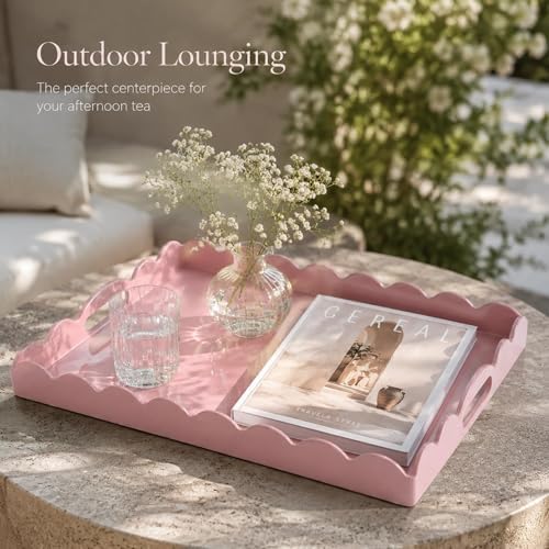 Gesodant Scalloped Glossy Plastic Lacquer Decorative Tray, 15.7 x 11.8 Inch Rectangle Serving Tray with Handles for Coffee Table, Ottoman, Bedroom Vanity, Living Room Centerpiece (Rectangle Pink) - Image 5