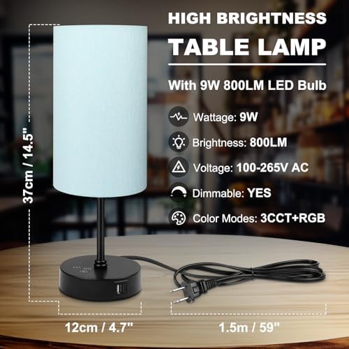 Unicozin Table Lamp for Bedroom, 3 Color Temperatures, 7 RGB Colors, Adjustable Brightness, Dual USB Charging Ports, Ambience Nightstand Light with Blue Shade, Desk Lamp for Kids Reading Home Office - Image 7
