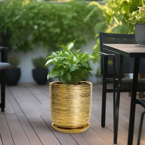 Ceramic Flower Pot for Indoor Plants - 10 Inch Plant Pot with Drainage Hole and Saucer, Decorative Round Outdoor Indoor Planter, Housewarming Gifts, Home Garden Decor, Gold - Image 5