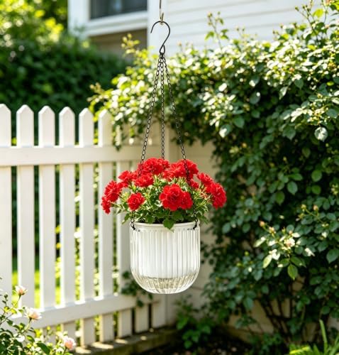 Melphoe 2 Pack Self Watering Hanging Planters Indoor Flower Pots, 5.3 Inch Outdoor Hanging Basket, Plant Hanger with 3Hooks Drainage Holes for Garden Home (White) - Image 2