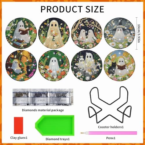 CRASHOT Halloween Floral Ghost Diamond Art Coasters Kit, 8 Pcs - Image 2