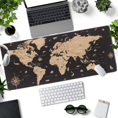 World Map Desk Mat Historical World Map Desk Pad Extra Large Computer Mouse Pad XL Black Topographic Mousepad Keyboard Pad for Desk Gaming Computer Laptop Office Non-Slip Desk Pad 31.5x11.8 in - Image 2