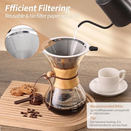 Pour Over Coffee Maker 27 OZ, 8 Cup Borosilicate Glass Drip Coffee Maker with Reusable Stainless Steel Filter and Cork Grip for Home Café 800 ML - Image 3