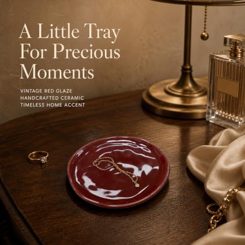 Jewelry Dish, Red Glossy Ceramic Round Shallow Ring Tray - Image 2