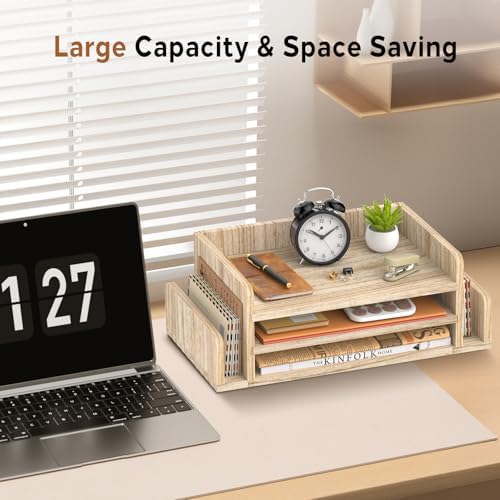 Wooden Desk Organizer, 3-Tier Paper Trays with 2 Mail Sorters, Natural Wood - Image 7