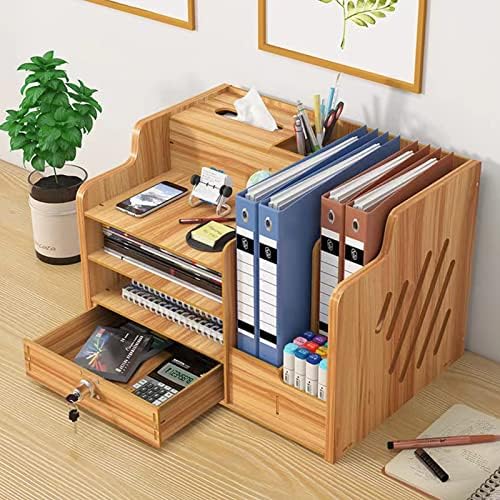 Bamboo Desk Organizer, Desktop Wood Bookshelf File Organizer, Pen Holder and Tissue Holder, 1 Drawer with lock for Office, Home, Need to Install(Cherry Wood) - Image 5