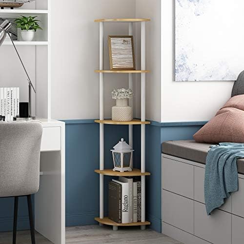 Furinno TURN-N-TUBE Corner Shelf, 5-Tier Corner Bookshelf, Open Storage Shelves, for Organization and Storage, Living Room, Home Office, Garage, Bedroom, Beech - Image 6