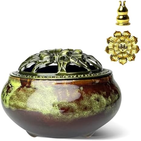 Ceramic Incense Burner, Bowl Burner,Cone Incense Burner with Brass lid for use with Stick or Cone-Shaped Incense，Lotus Incense Stick Holder Calabash Incense Stick Holder, 3pc (Fambe Green) by X%26Y+Life
