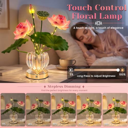 Flower Table Lamp, 3 Color Lotus Night Light, Rechargeable Cordless Touch Dimming Artificial Flower Light, LED Flower with Glass Vase Lamp for Girls Women Mom (Pink Lotus) - Image 2