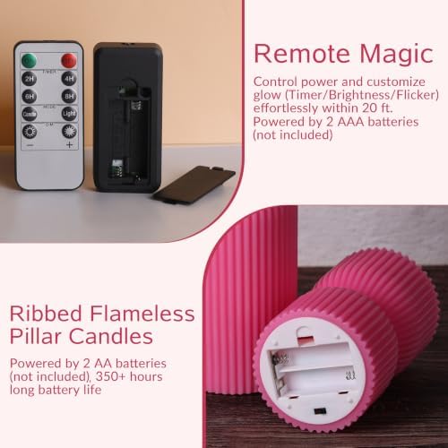 Hot Pink Ribbed Flameless Pillar Candles with Remote Set of 2 - Image 3