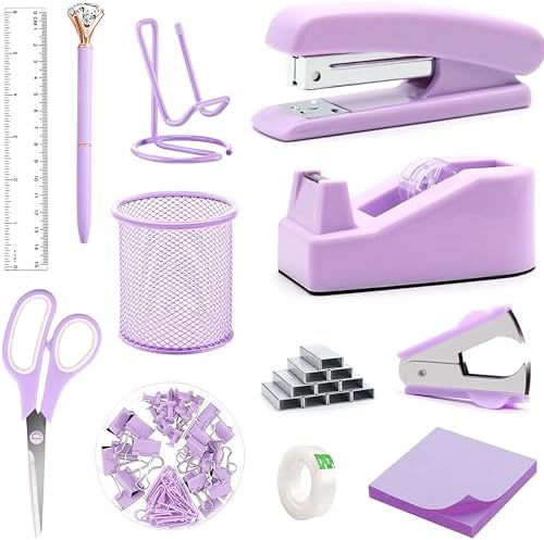 Purple Office Supplies - Purple Desk Accessories: Stapler, Staple Remover, Tape and Pen Holders, Ballpoint Pens, Scissors, Binder Clips, 1000 Staples, Phone and Ruler, Transparent Glue, Notes by Famassi