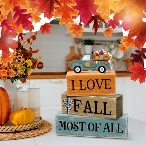 Moucuny 4 Pcs Fall Truck Table Decor, I Love Fall Wood Block Sign Home Tray - Image 4