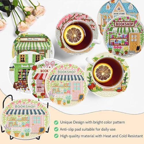 Clendo 8 Pcs Book Shop Diamond Art Coasters Kit - DIY 5D Small Diamond Painting Coasters with Holder, Mini Diamonds Arts Kits for Adults Coaster, Gem Art Arts and Crafts for Adults - Image 2