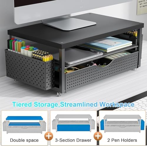 gianotter Desk Organizers and Accessories, Monitor Stand with Drawer and 2 Pen Holder, Desktop Organizer Suitable for Offices and Dormitories (Matte Black) - Image 3