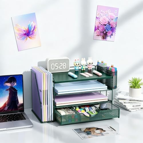 gianotter Wood Desk Organizers and Accessories with File Holder, 4-Tier Desk Accessories & Workspace Organizers with Drawer and 2 Pen Holder, Desk Reference Organizer (Green, 4T with Metal Drawer) - Image 6