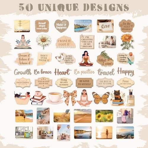 Brown Vision Board Stickers - 50 Pcs Travel Inspirational Planner Supplies Kit for Adults Women Motivational Aesthetic Mental Health Waterproof Decals for Book Scrapbook Journaling Keyboard - Image 4