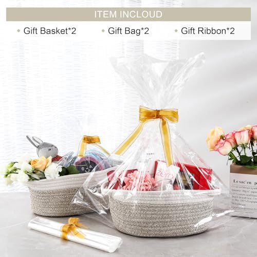 2 Pack Small Woven Basket with Gift Bags and Ribbons, Empty Decorative Gift Chest Box, Cute Baby Gift Basket for Nursery, Cotton Rope Room Shelf Storage Basket with Handles, All 12"x 8"x 5",Brown - Image 2