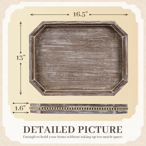 Wooden Decorative Tray, Rustic Serving Tray with Wood Bead, Farmhouse Big Tray for Ottoman, Countertop, Coffee Tabl, 16.5" x 13"x 1.6" (Retro Brown) - Image 2
