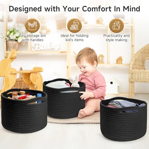 3 Pack Small Rope Storage Baskets, 9.82×9.82×7.1", Black - Image 3