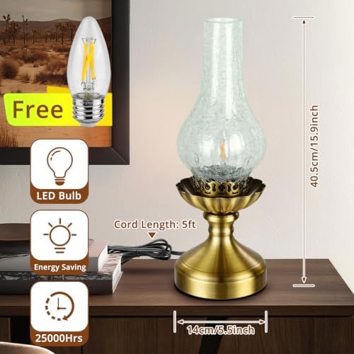 Vintage Brass Table Lamp with Clear Glass Shade,Touch Control & 3 Way Dimmable Farmhouse Bedside Lamp for Bedroom, Living Room, Cabin, Office (LED Bulb Included) - Image 6