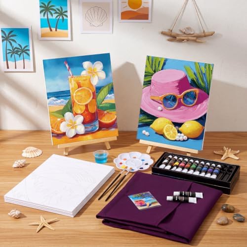Cholemy 6 Set Paint and Sip Kit for Adults 8"x 10" Pre Drawn Canvas Painting with Wooden Easel Acrylic Paint Wash Cup Brushes Palette Apron for Painting DIY Adult's Date Party Supplies(Hawaii) - Image 2