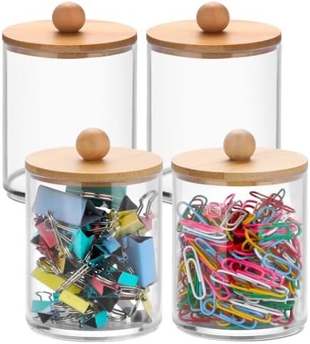BTSKY 4 Pack PaperClip Holders with Bamboo Lid, Round Binder Holder for Desk, Clear Paper Clip Dispenser Small Office Supply Accessory Organizer Qtip Holder for Office Bathroom Vanity, Clear by BTSKY