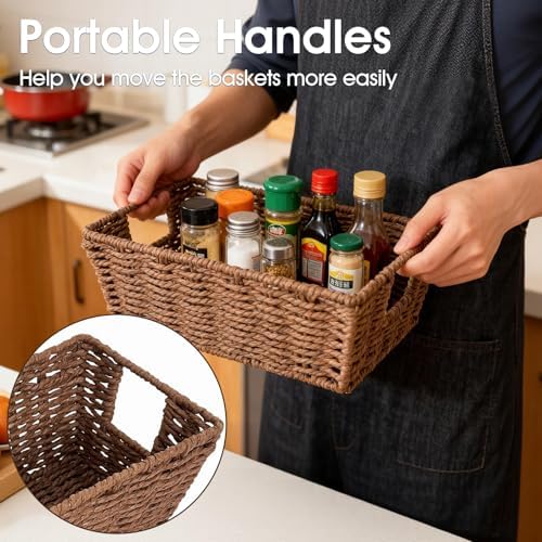 Paper Rope Storage Baskets for Shelves Organizing, Small Hand Woven Wicker Organizer Basket with Handle for Bathroom Toilet Paper Storage, Brown, 3-Pack - Image 4
