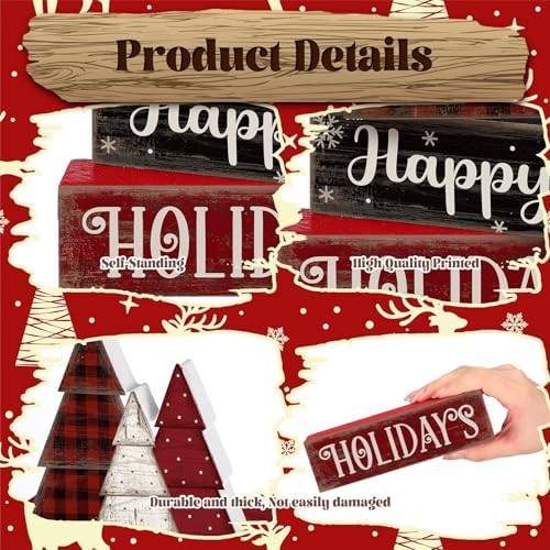 Moucuny 4 Pcs Wooden Block Signs Buffalo Plaid Holiday Farmhouse Decor - Image 6