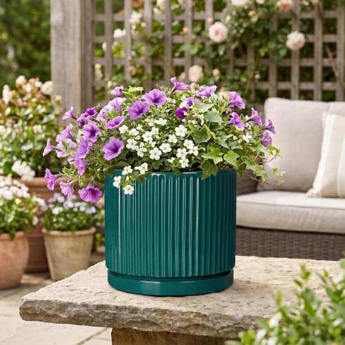 Ceramic Flower Pots, 10 Inch Planter with Saucer, Blackish Green - Image 5