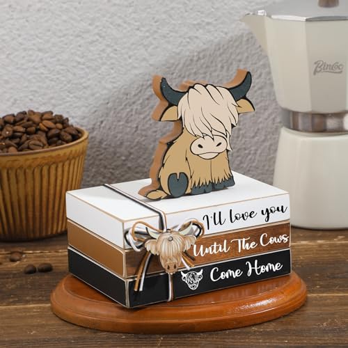 Yookeer 4 Pcs Highland Cow Tiered Tray Decor Mini Wooden Book Stacks - Image 2
