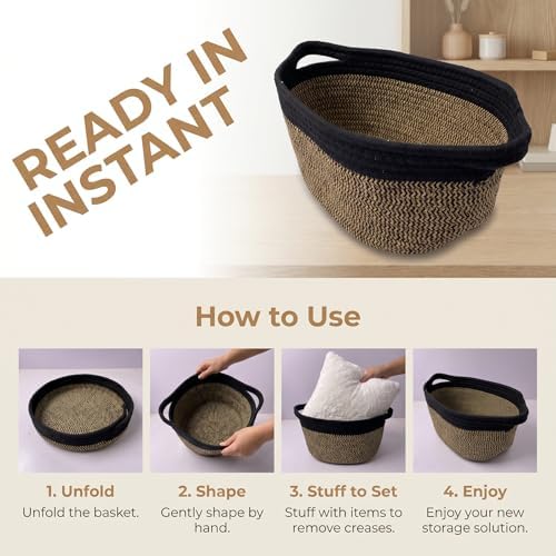 Small Cotton Rope Basket - White Woven Storage Basket with Handles, Desktop Organizer for Keys, Remotes, Makeup, Soft Decorative Bin for Bathroom, Office Shelf (Black/Brown) - Image 6