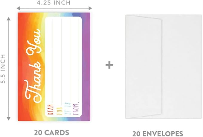 Andaz Press Kids Fill in the Blank Thank You Cards - 20 Cards Including Envelopes Watercolor Rainbow Gender Neutral Note Cards For Boys Girls Birthday Thank You Notes for Friends, Family Party Guests