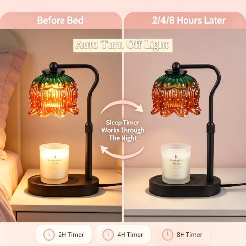 Briever Flower Candle Warmer Lamp, Adjustable Height Electric Candle Lamp with Timer & Dimmer, Wooden Base Wax Warmer, Christmas Birthday Housewarming Gifts for Women Mom, Black-Strawberry - Image 4