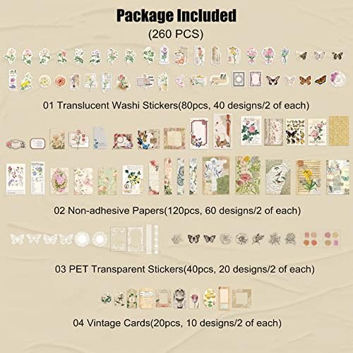 Esweny 260PCS Vintage Journaling Scrapbooking Supplies Scrapbook Sticker Paper Ephemera Pack for Junk Journal Planners Collage Craft Notebooks Album (Flowers and Butterflies) - Image 2