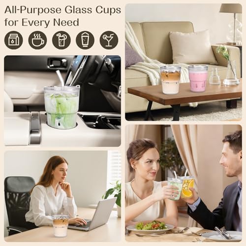 AUFXKOO13oz Glass Tumbler with Straw and Lid，2 Pack Iced Coffee Cups with lids Reusable,Glass to go Coffee Cup,Glass Cups with Lids for Drinking Matcha, Coffee, and Juice. - Image 7