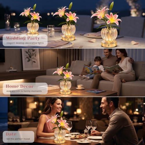 Flower Table Lamp, 3 Color Lily Night Light, Rechargeable Cordless Touch Dimming Artificial Flower Light, LED Flower with Glass Vase Lamp for Girls Women Mom (Pink Lily) - Image 6