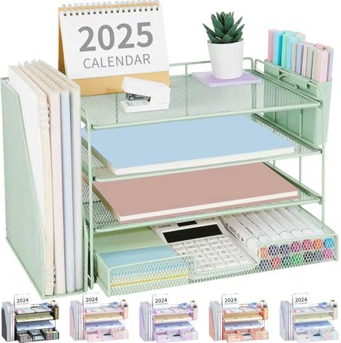 OPNICE Desk Organizer, 4-Tier Desktop File Organizer with Drawer and Pen Holders, Office Desk Accessories, File Sorters, Workspace Organizers for Office Supplies(Green) by OPNICE