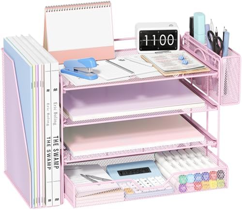 OPNICE Desk Organizers and Accessories, 4-Tier Desktop File Organizer with Drawer and Pen Holders, Office Desk Accessories Workspace Organizers for Office Supplies (Soft Pink) by OPNICE