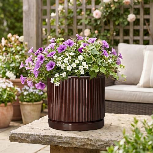 10 Inch Ceramic Plant Pots, Round Flower Pots with Saucer, Brown - Image 5